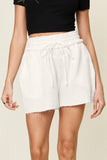White cotton texture drawstring shorts with raw trim by Double Take, featuring an adjustable waist and casual style.