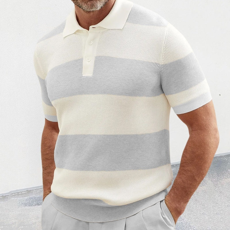 Striped Knit Polo Shirt - Acrylic Lapel Collar Short Sleeve