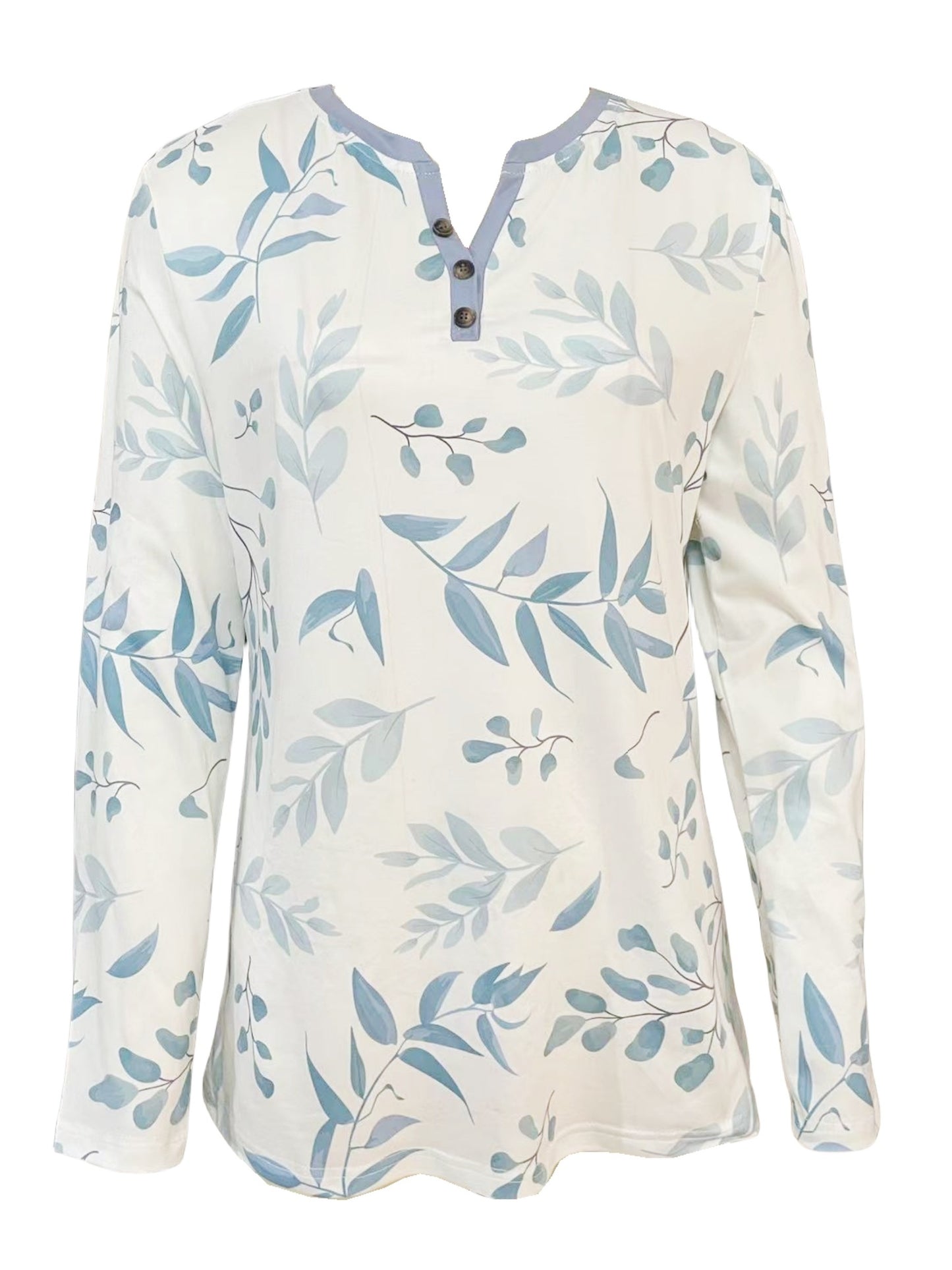 Blue and white botanical leaf print long sleeve tee with button front by Alabaster