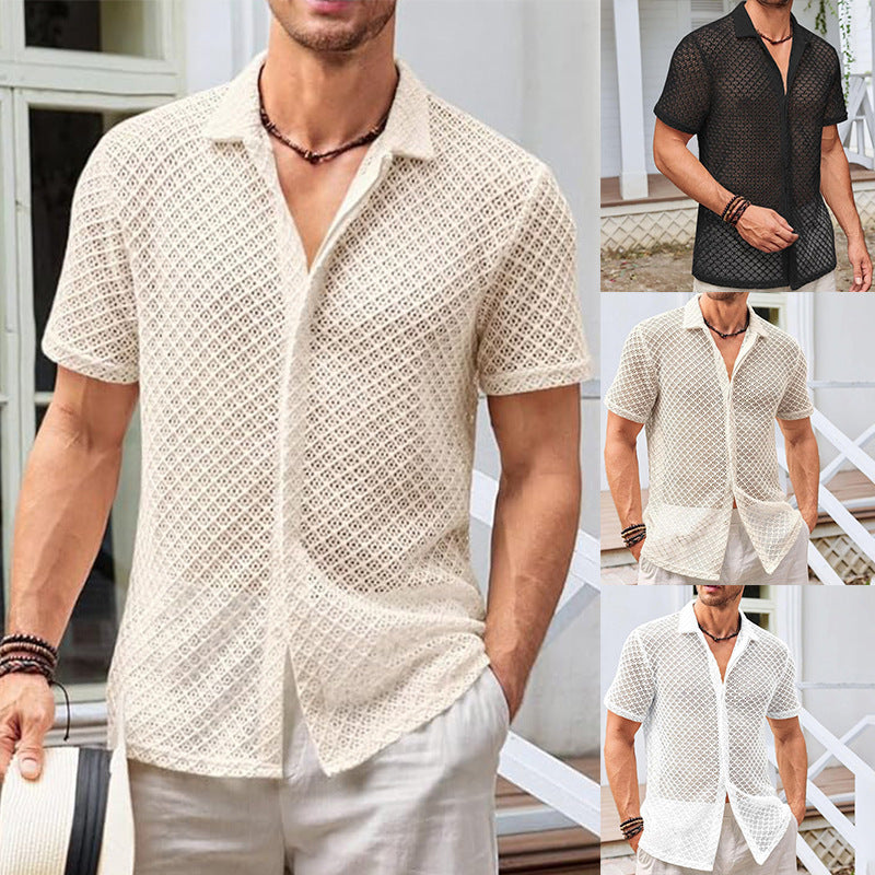 Summer Mesh Lapel Short Sleeve Shirt