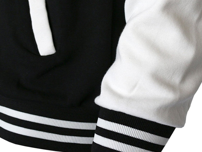 Black and white cotton blend varsity baseball jacket by My Store, featuring a two-tone design and athletic fit.