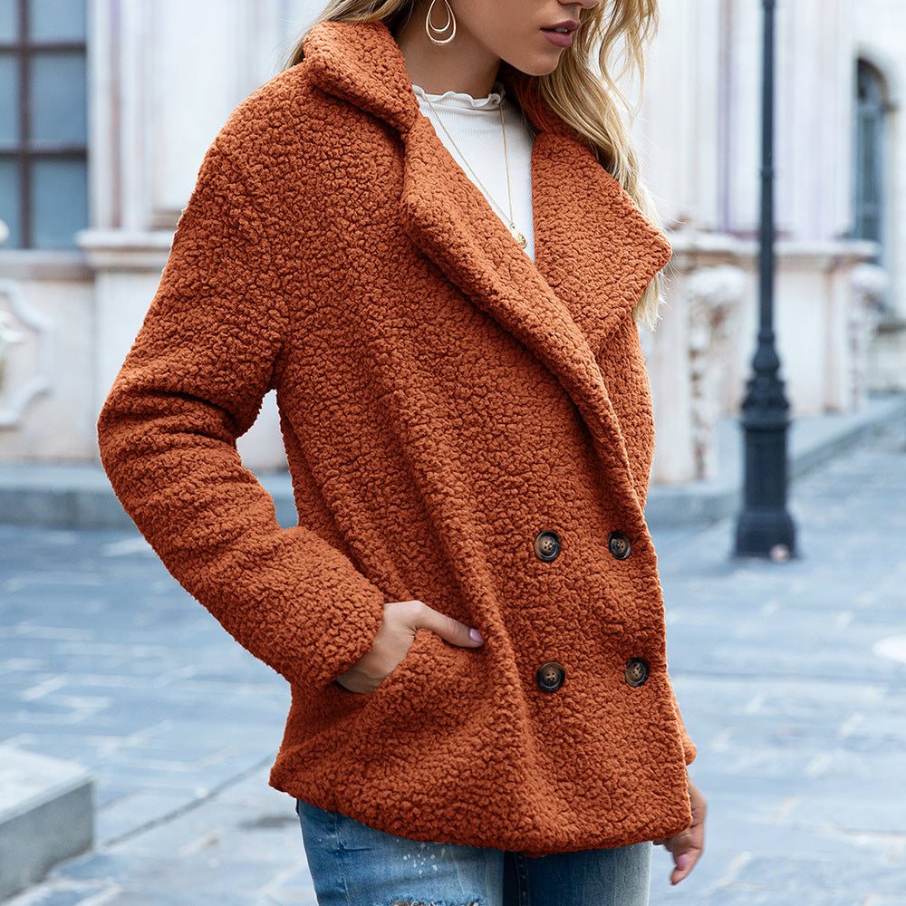 Fluffy Sherpa Button Jacket - Lapel Collar Cardigan Coat