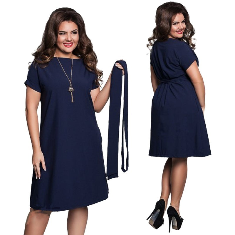 Dark blue soft drape A-line plus size midi dress with belt from Alabaster