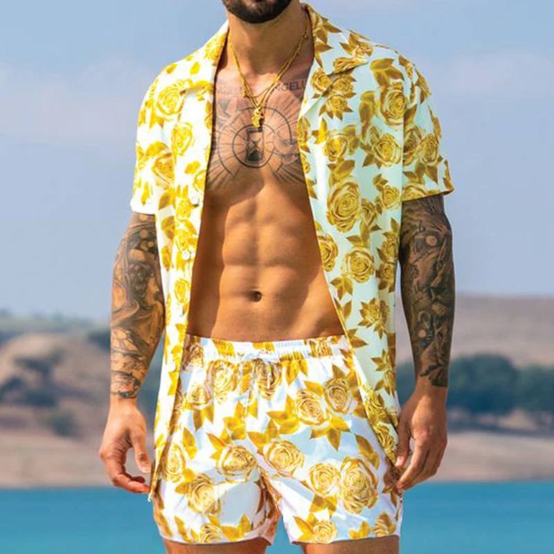 Men's Tropical Palm Print Shirt Shorts Set - Beach Summer Outfit