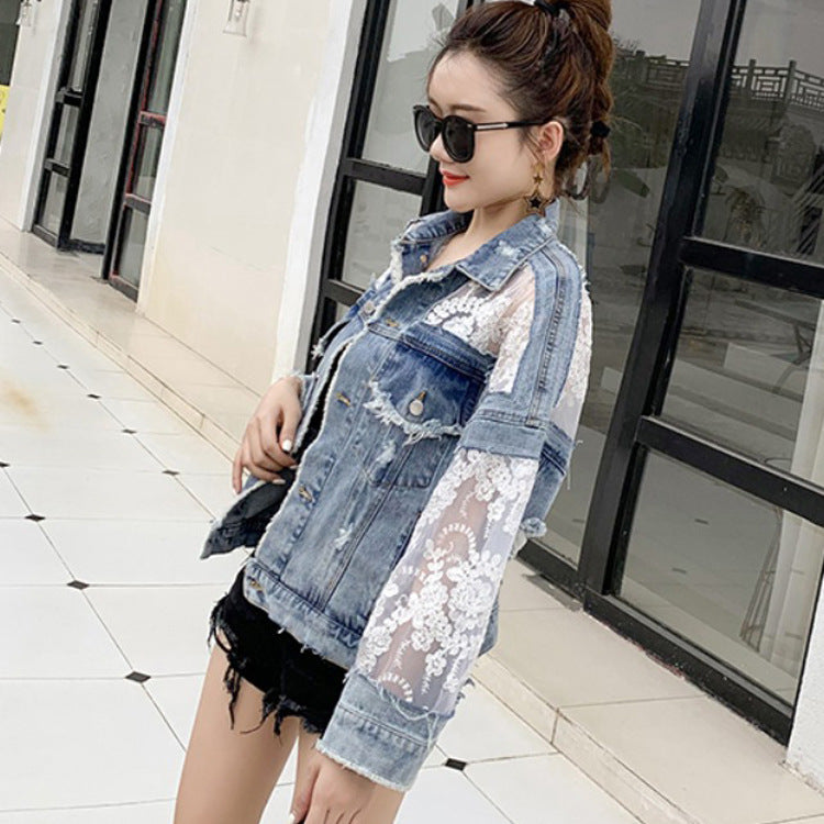 Lightweight blue wash denim lace jacket by Alabaster, sheer design, breathable fabric, available in sizes S, M, L.