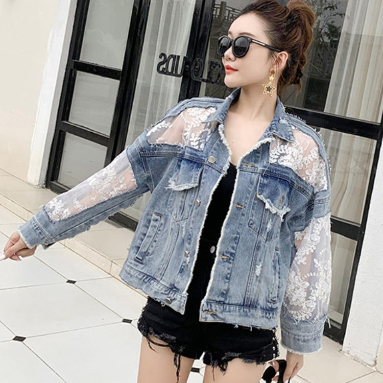 Lightweight blue wash denim lace jacket by Alabaster, sheer design, breathable fabric, available in sizes S, M, L.