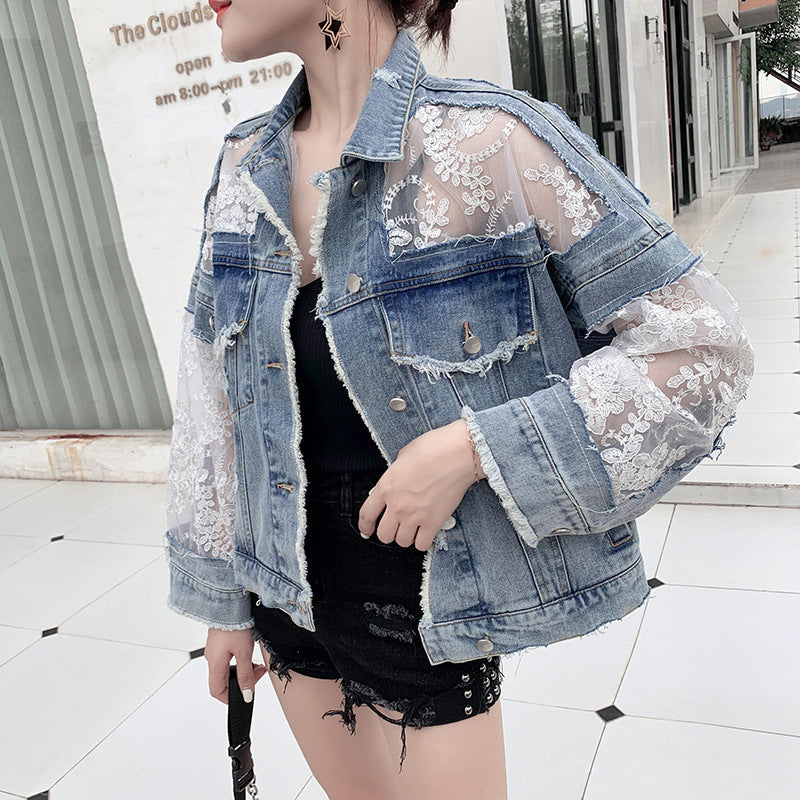 Lightweight Denim Lace Jacket - Blue Wash Sheer Statement
