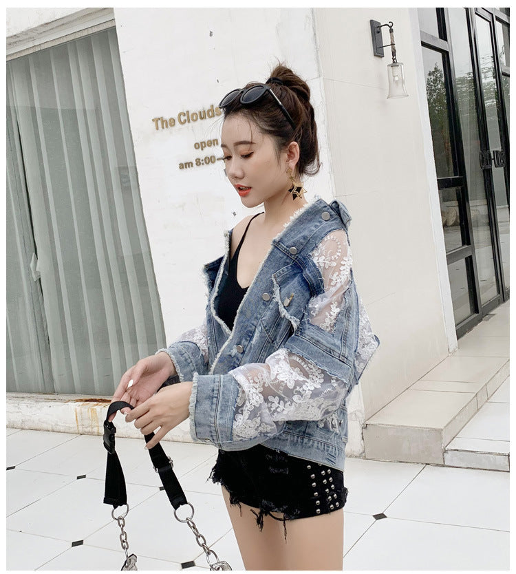 Lightweight Denim Lace Jacket - Blue Wash Sheer Statement