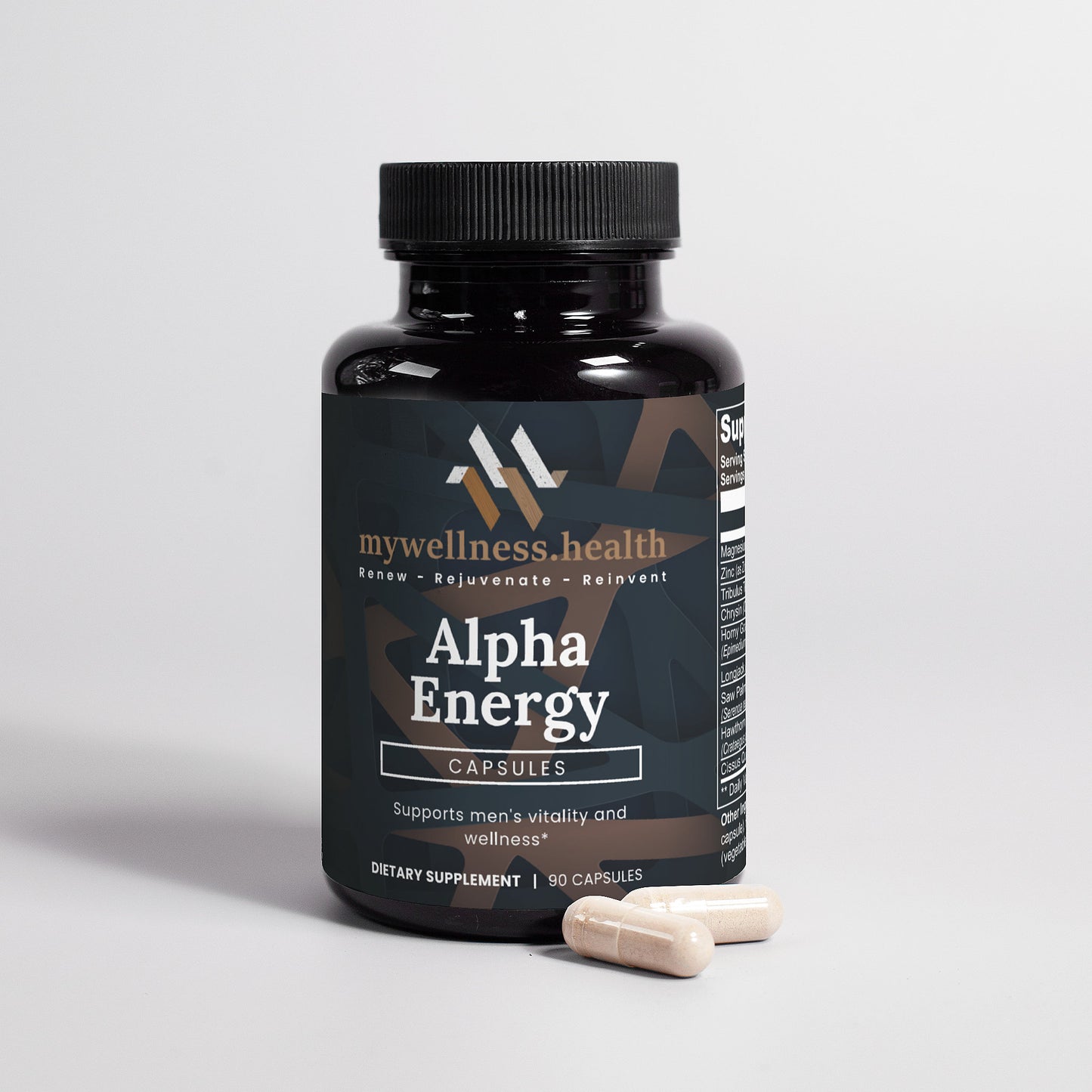 Green bottle of Alpha Energy natural male enhancement supplement with allergen-free capsules and clean label