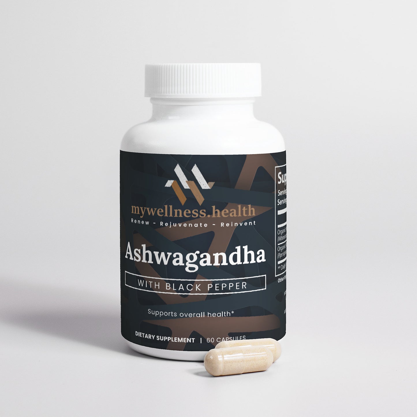 Green bottle of mywellness.health Organic Ashwagandha Root Capsules for natural stress support
