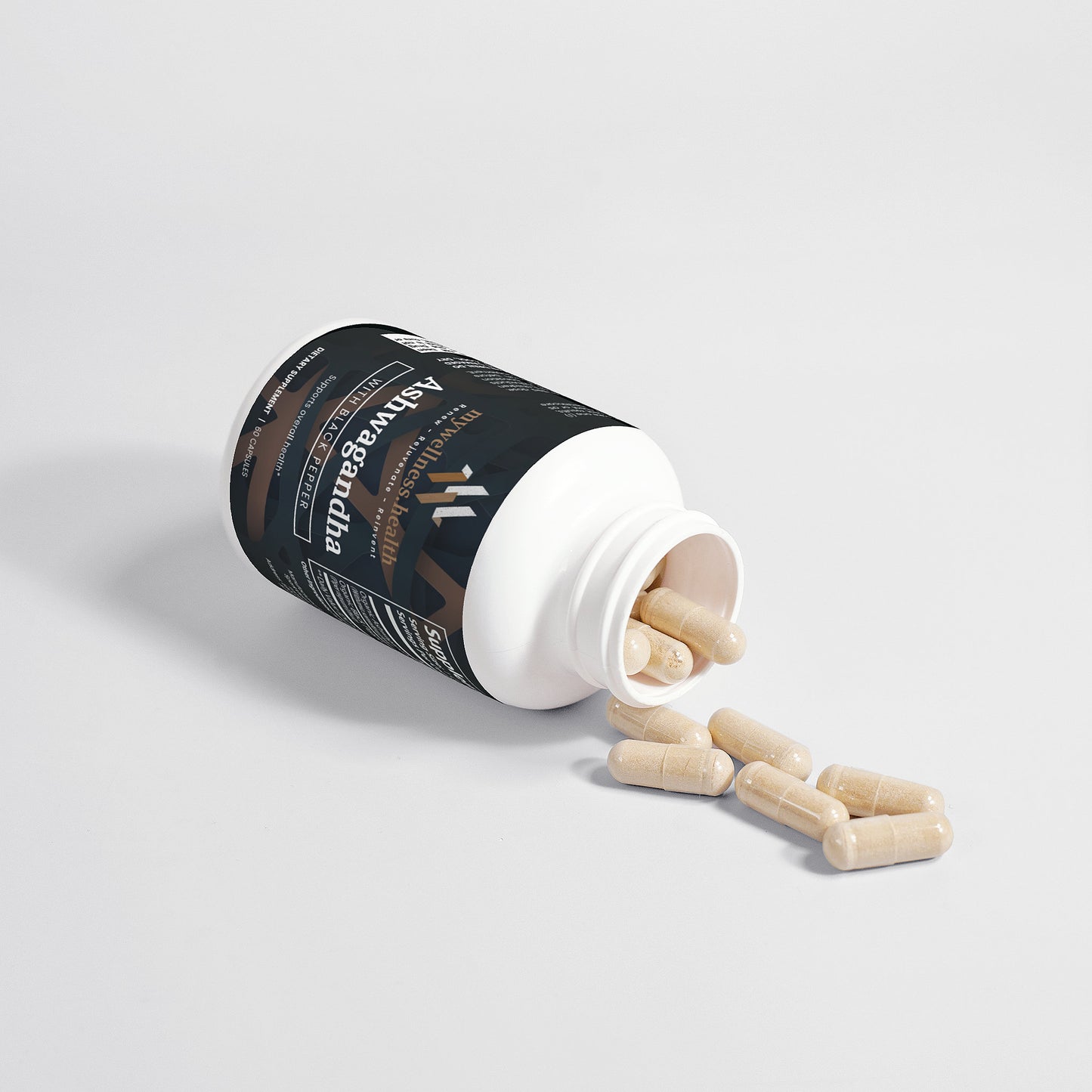 Green bottle of mywellness.health Organic Ashwagandha Root Capsules with white label, natural stress support supplement