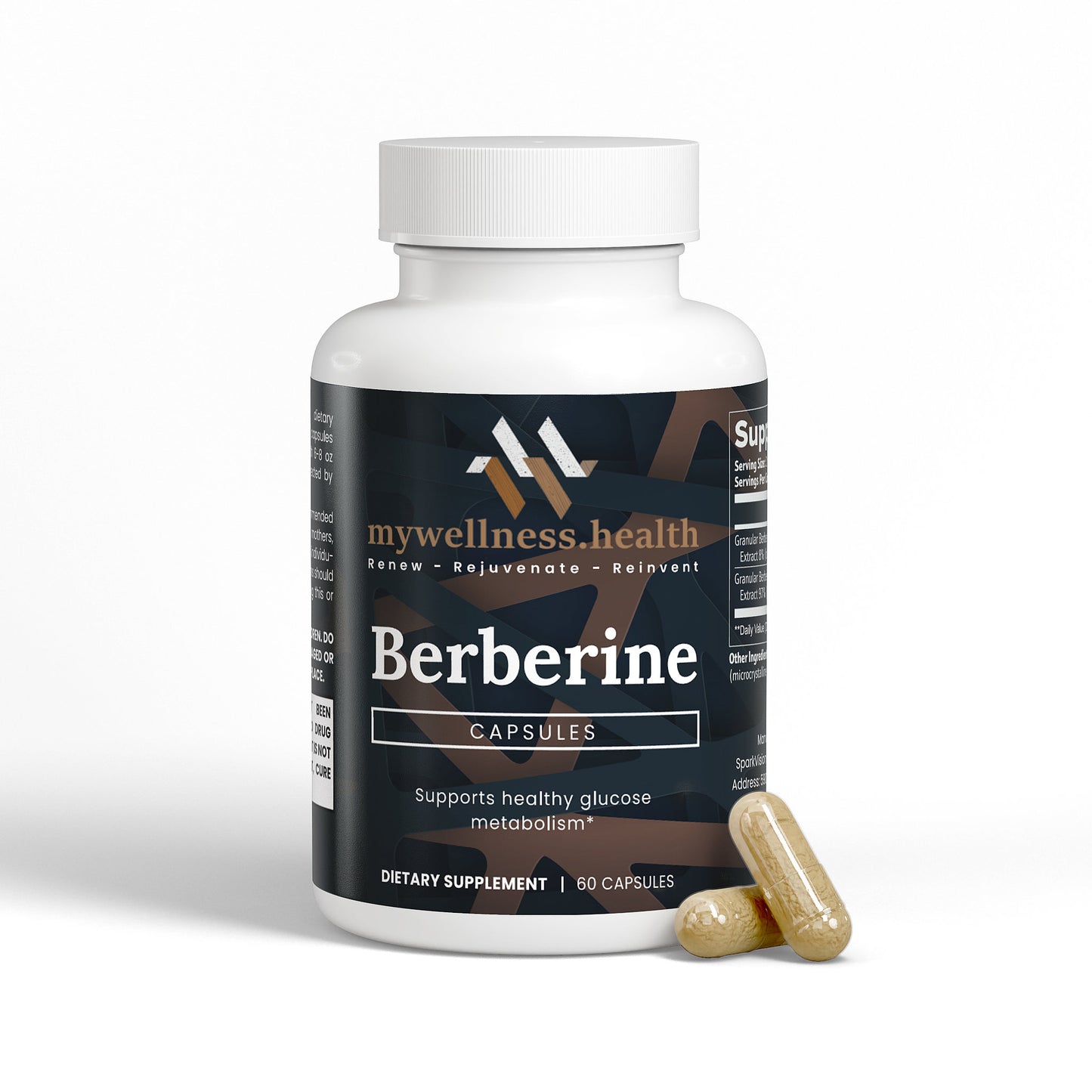 Green berberine supplement capsules in a clear bottle for natural blood sugar support by mywellness.health