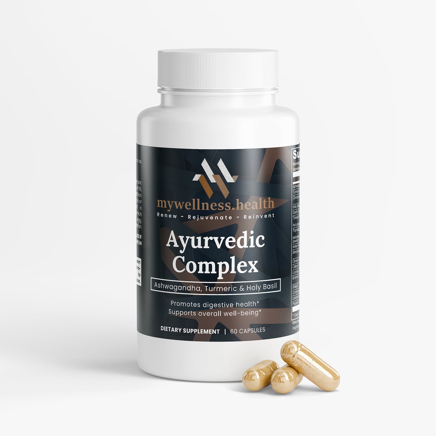 Green Ayurvedic complex supplement bottle featuring ashwagandha, turmeric, and holy basil by mywellness.health