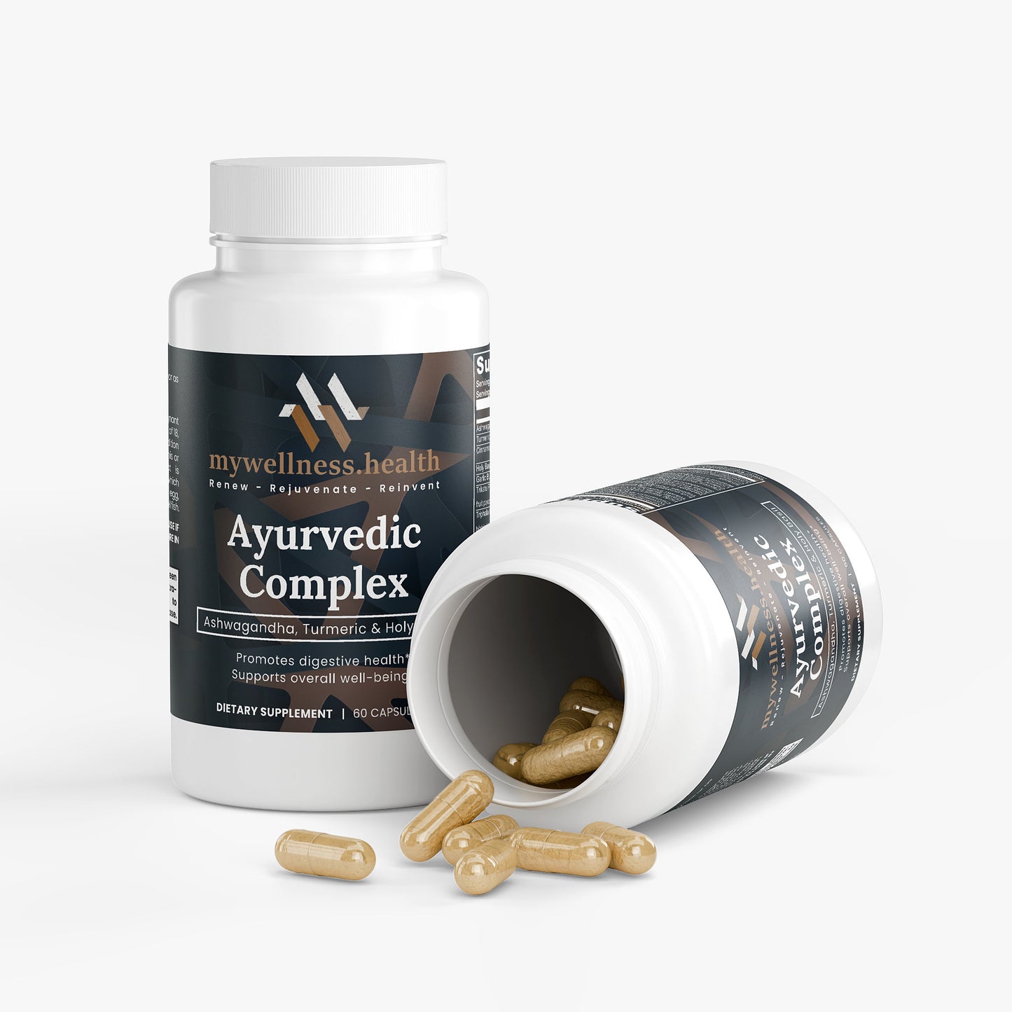 Green bottle of Ayurvedic Complex Supplement with Ashwagandha, Turmeric, and Holy Basil by mywellness.health