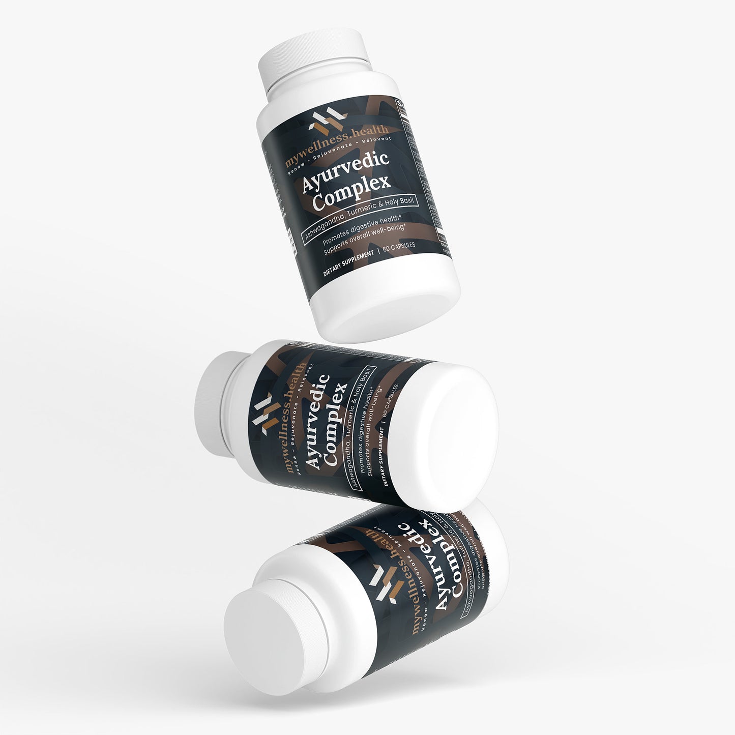 Green bottle of mywellness.health Ayurvedic Complex Supplement with ashwagandha, turmeric, and holy basil
