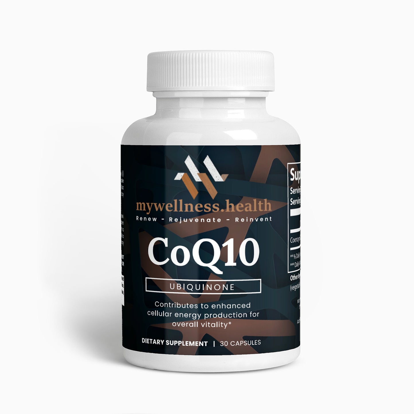 CoQ10 Ubiquinone 100mg capsules in a clear bottle, labeled for heart and energy support by mywellness.health