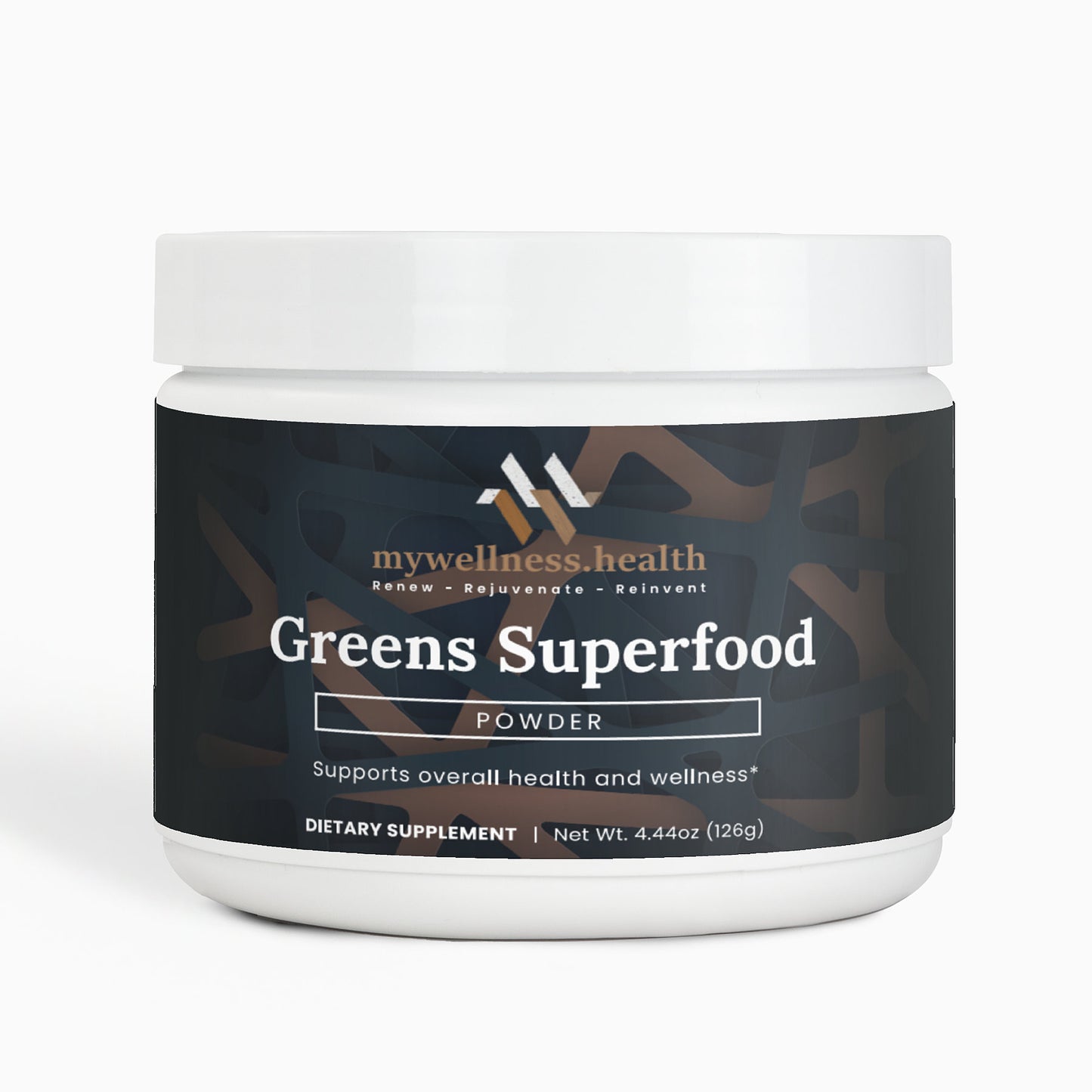 Greens superfood powder blend with spirulina, barley grass, and beet root by mywellness.health in a green pouch