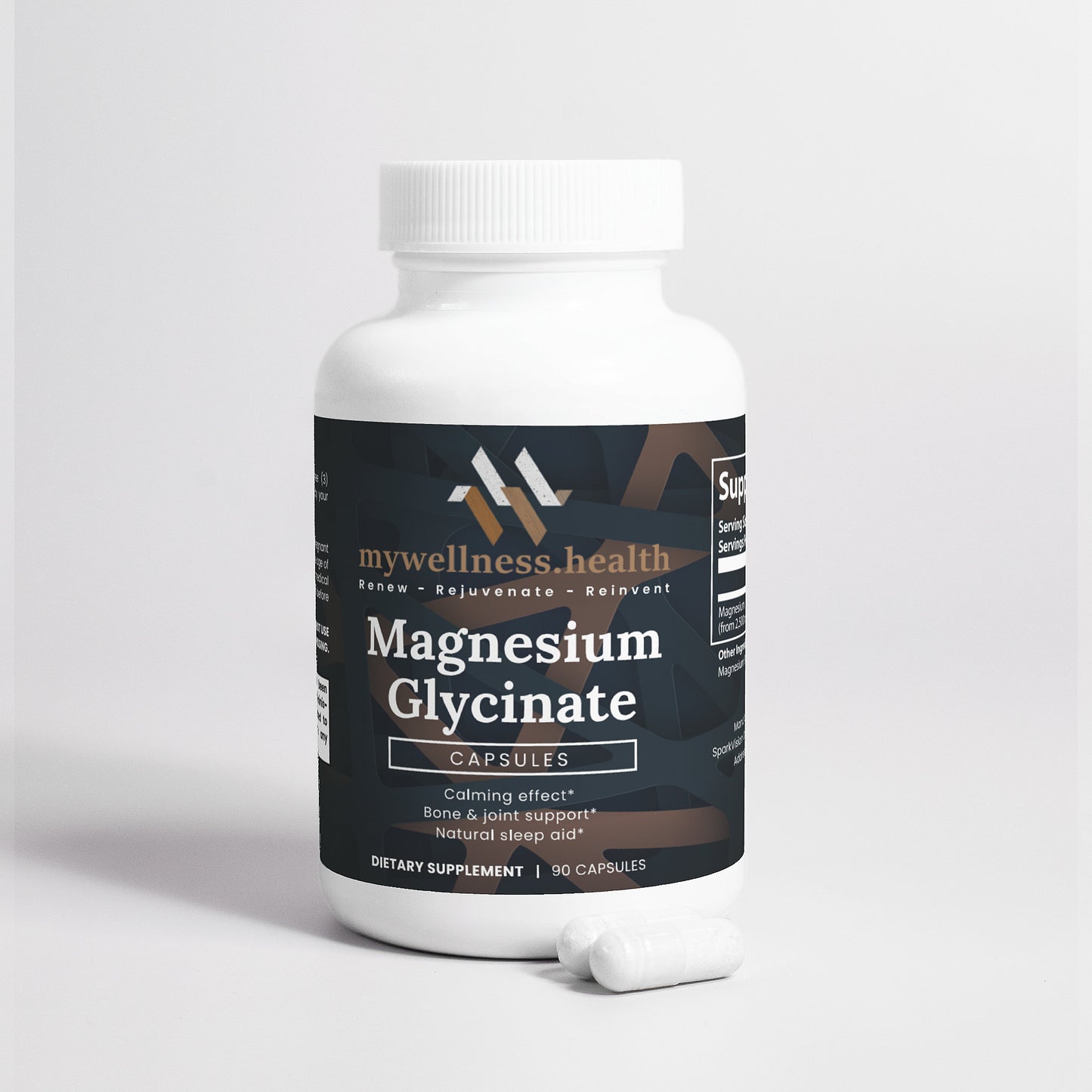 White bottle of mywellness.health Magnesium Glycinate, allergen-free dietary supplement