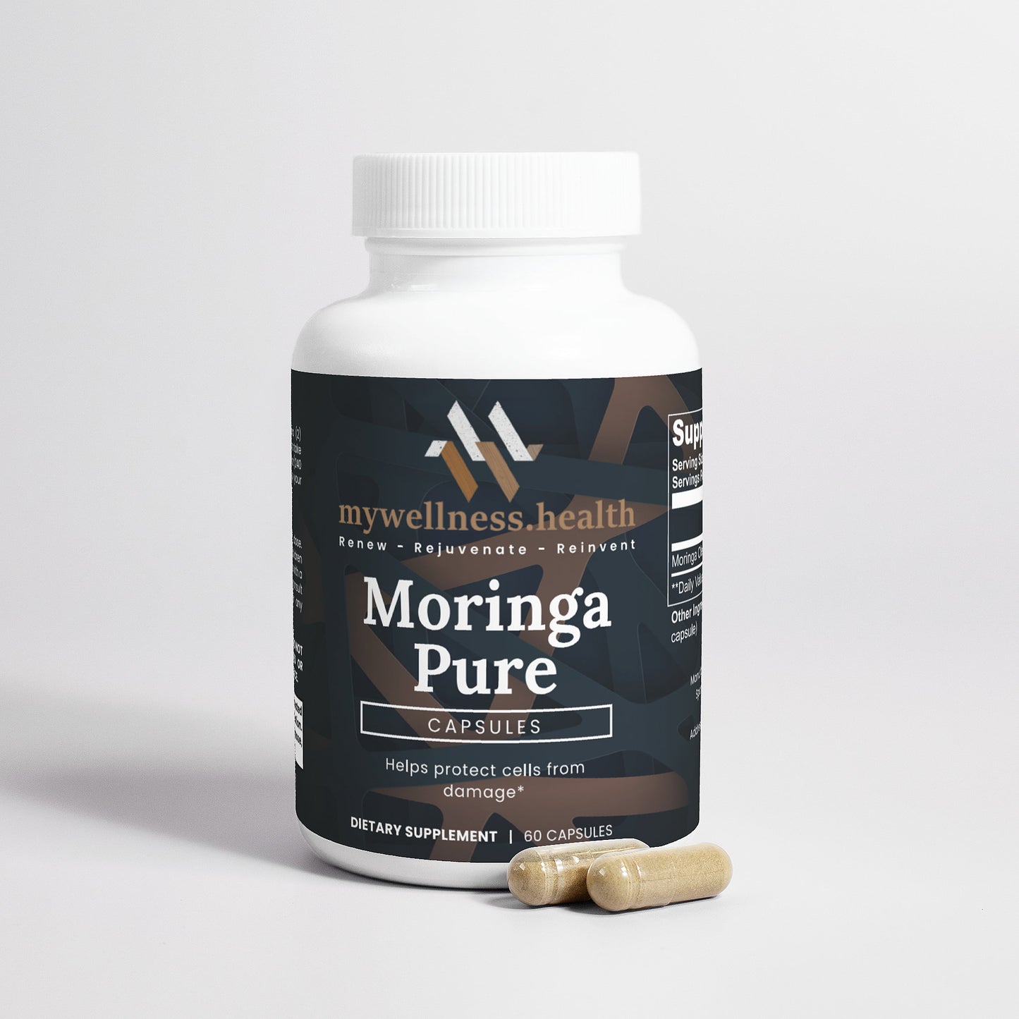 Green Moringa Pure Organic Leaf Capsules in a clear bottle by mywellness.health, allergen-free and natural supplement