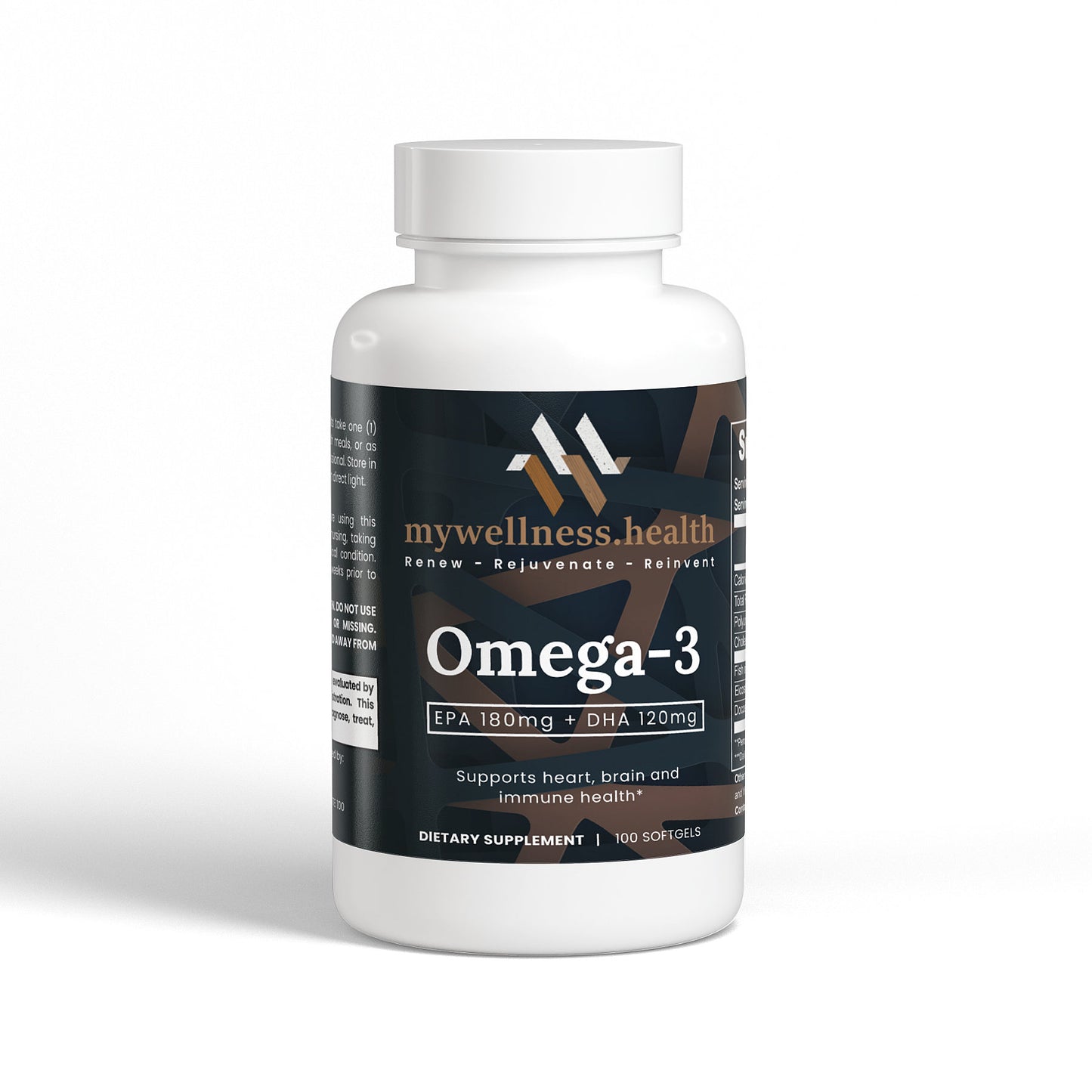 Premium Omega 3 fish oil capsules in a clear bottle, labeled for brain and cardiovascular support, by mywellness.health
