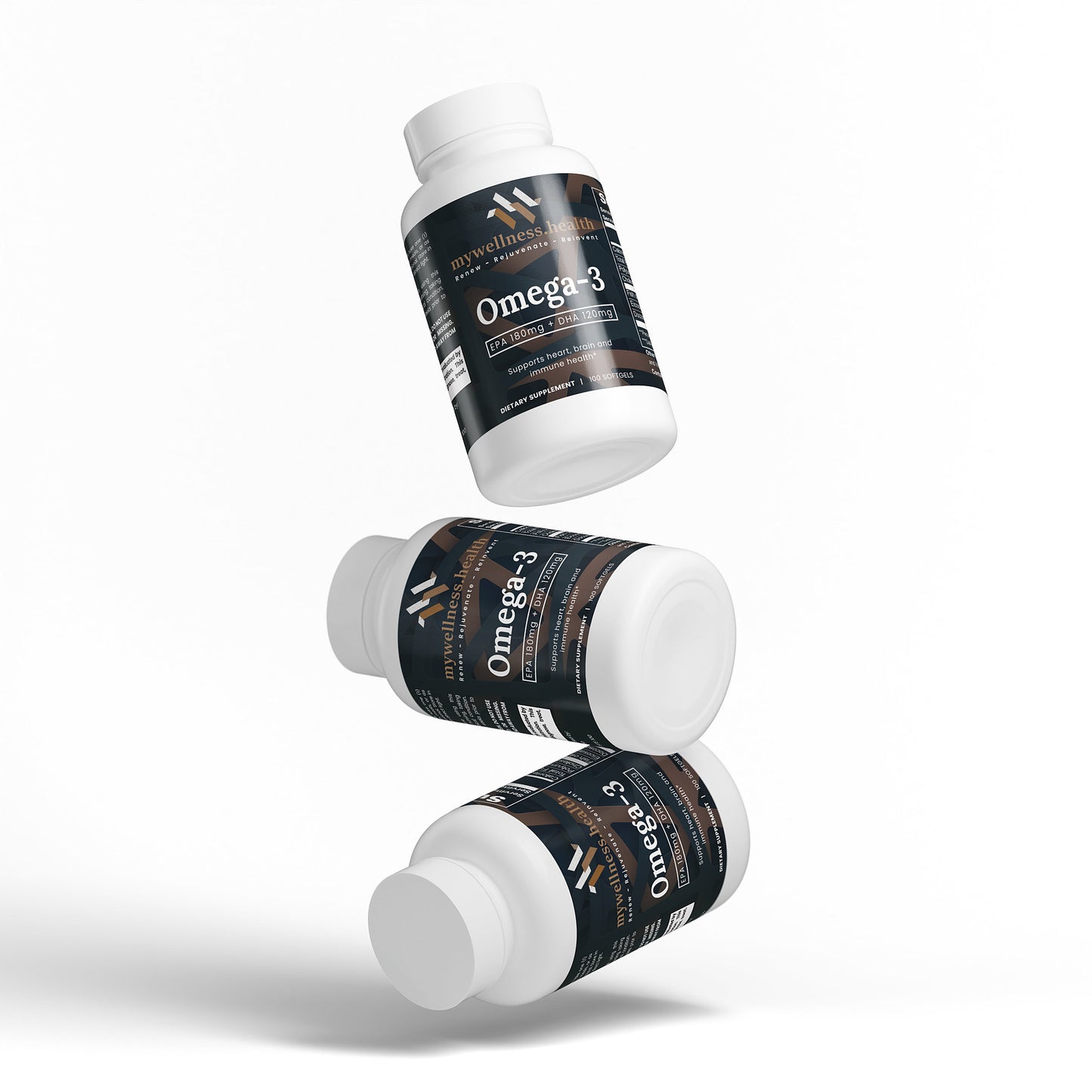 Premium Omega 3 fish oil capsules in a clear bottle, labeled for brain and cardiovascular support, by mywellness.health