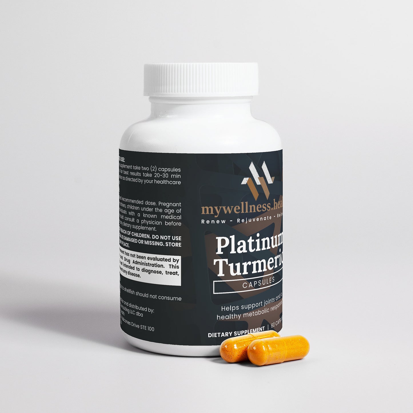 Platinum turmeric supplement bottle with glucosamine and BioPerine, featuring 95% curcuminoids, by mywellness.health