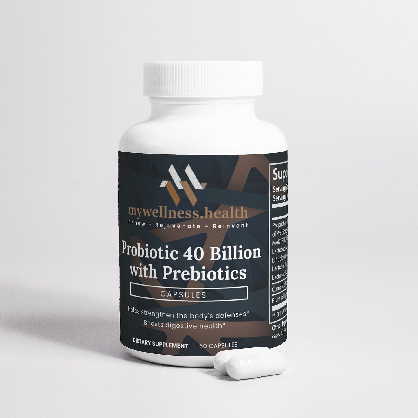 60-capsule bottle of mywellness.health Probiotic 40 Billion CFU with prebiotics for natural digestive support