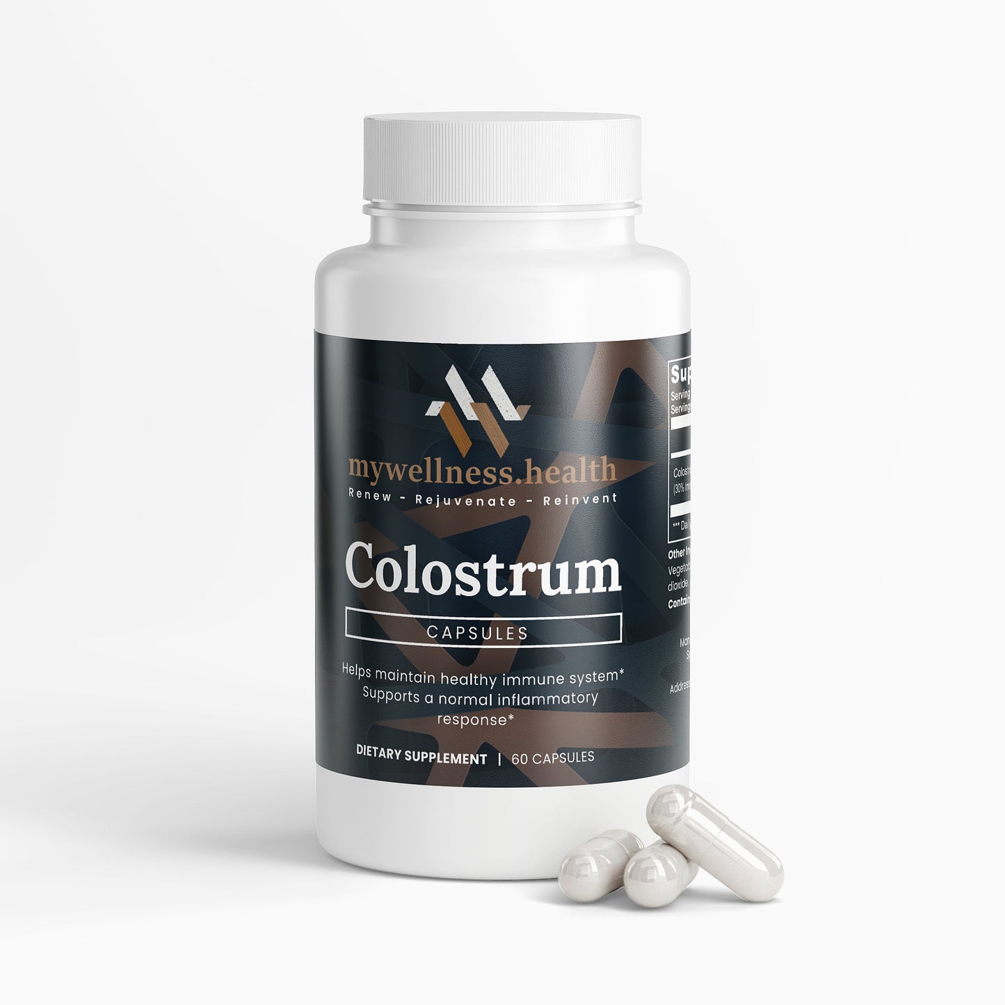 Natural colostrum capsules 500mg in a clear bottle, labeled for immune support by mywellness.health.