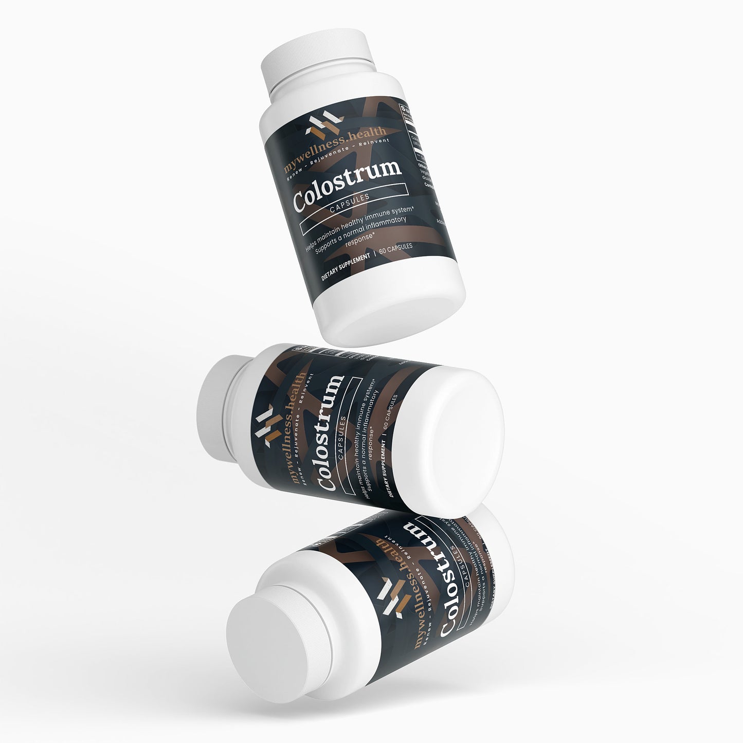 Natural colostrum capsules 500mg in a clear bottle, labeled for immune support by mywellness.health.