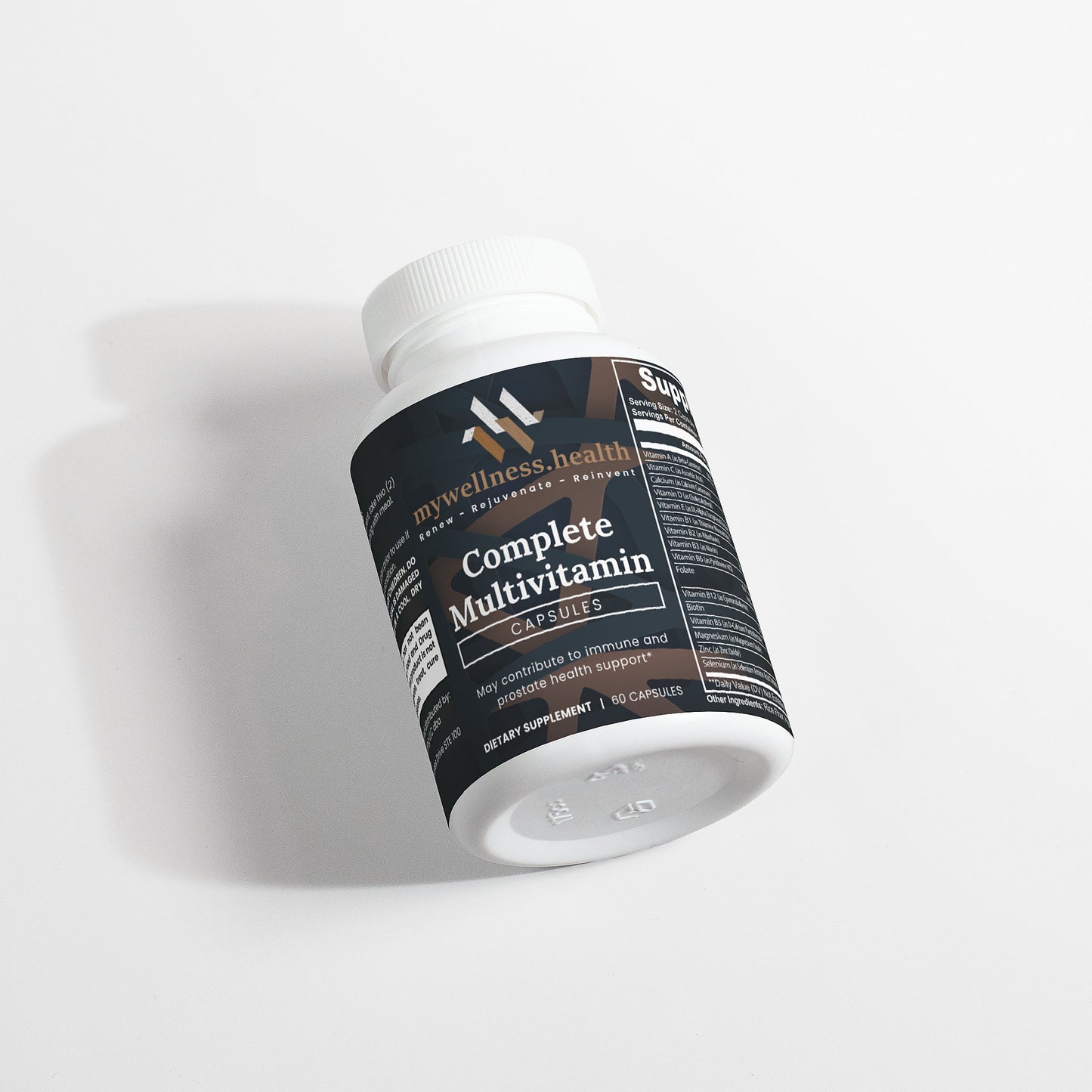 Green bottle of mywellness.health Complete Daily Multivitamin, plant-based, allergen-free, with B-complex vitamins