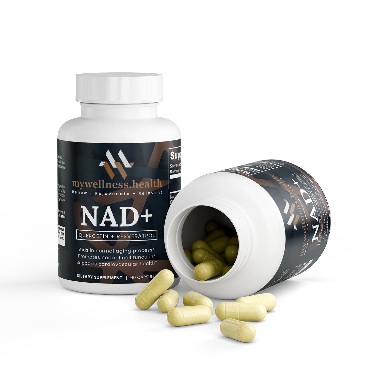 White bottle of NAD+ specialty supplements by mywellness.health for anti-aging and cellular health