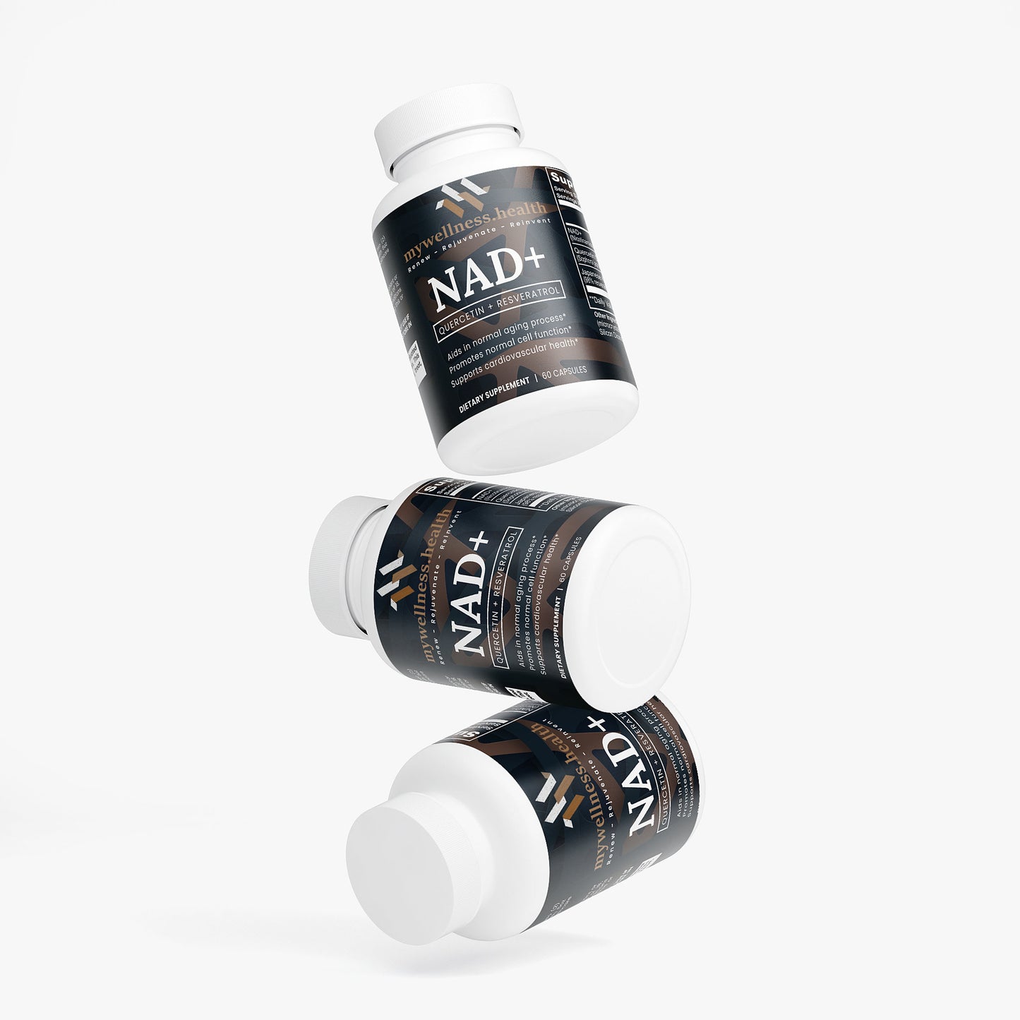 Green bottle of mywellness.health NAD+ supplement with Quercetin & Resveratrol, allergen-free capsules