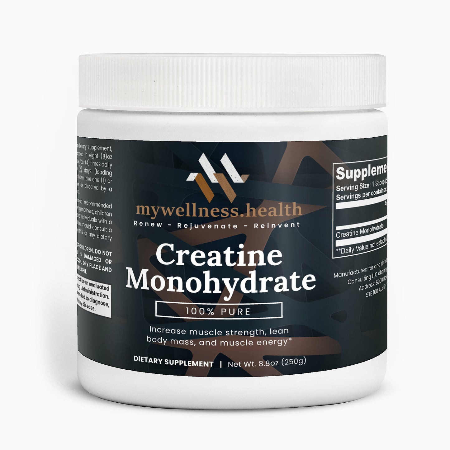 Unflavored Pure Creatine Monohydrate Powder in a 250g container by mywellness.health