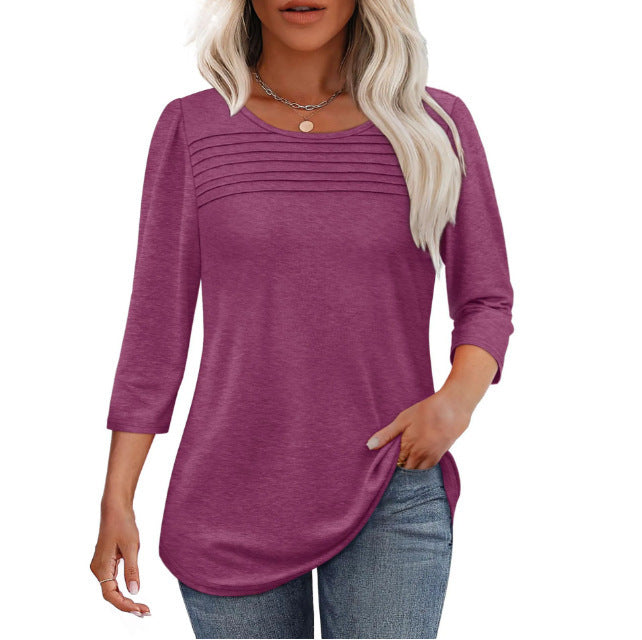 Soft Pleated 3/4 Sleeve Top - Polyester Blend Round Neck Pullover