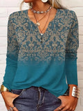 Teal boho vintage print long sleeve V-neck tee for women by Alabaster, featuring a relaxed fit and casual style.