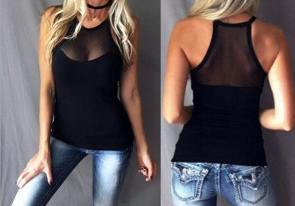 Black sleeveless sheer mesh panel vest top in polyester blend by Alabaster