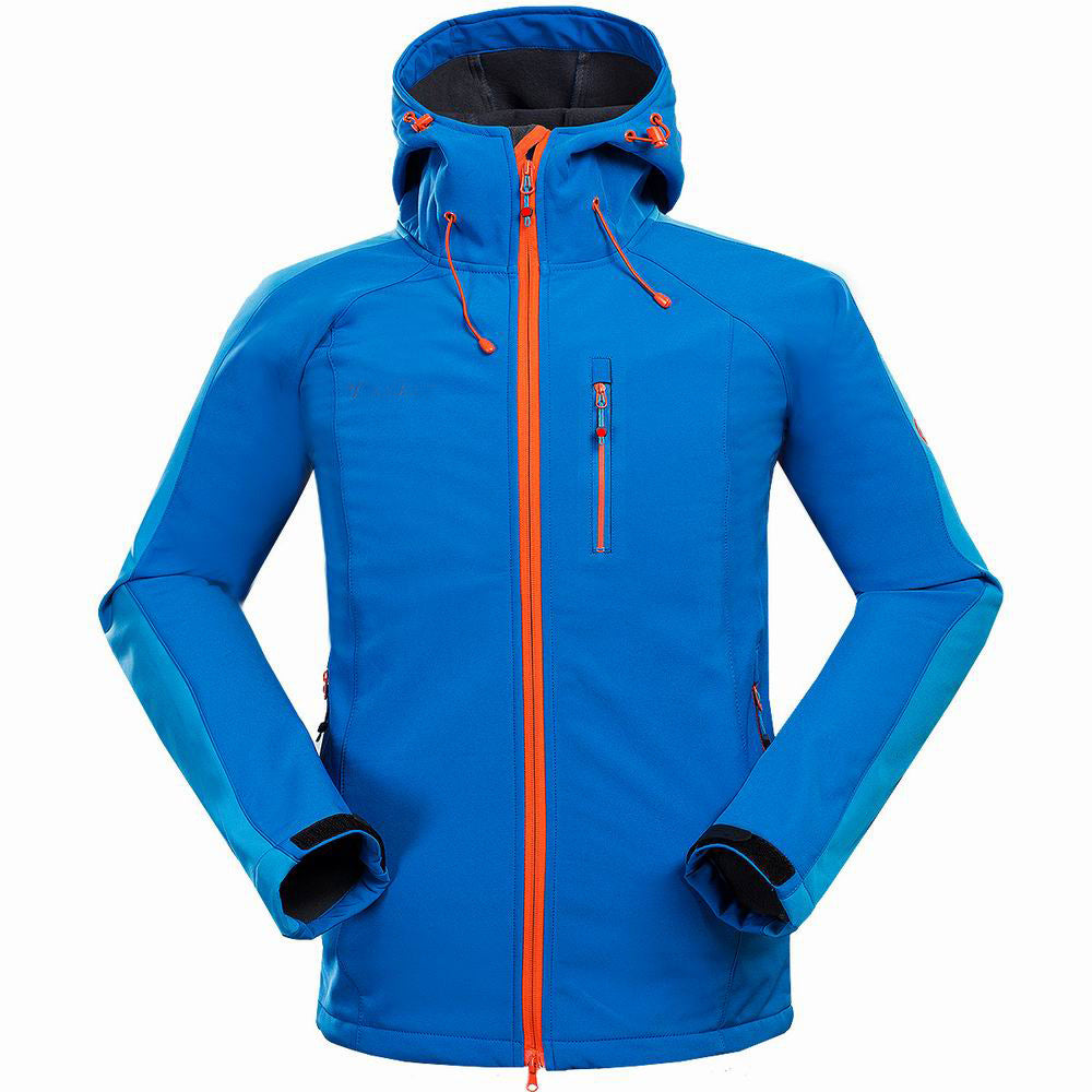 Men's black waterproof softshell jacket with adjustable hood and cuffs, ideal for outdoor adventures.