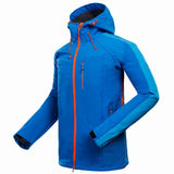 Men's black waterproof softshell jacket with adjustable hood and cuffs, ideal for outdoor adventures.