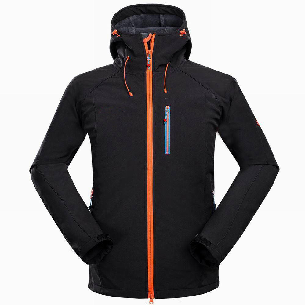 Men's black waterproof softshell jacket with adjustable hood and cuffs, ideal for outdoor adventures
