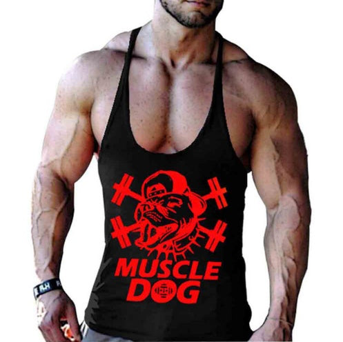 Red MUSCLE DOG™ cartoon graphic workout vest for bodybuilding, available in sizes M, L, and XL