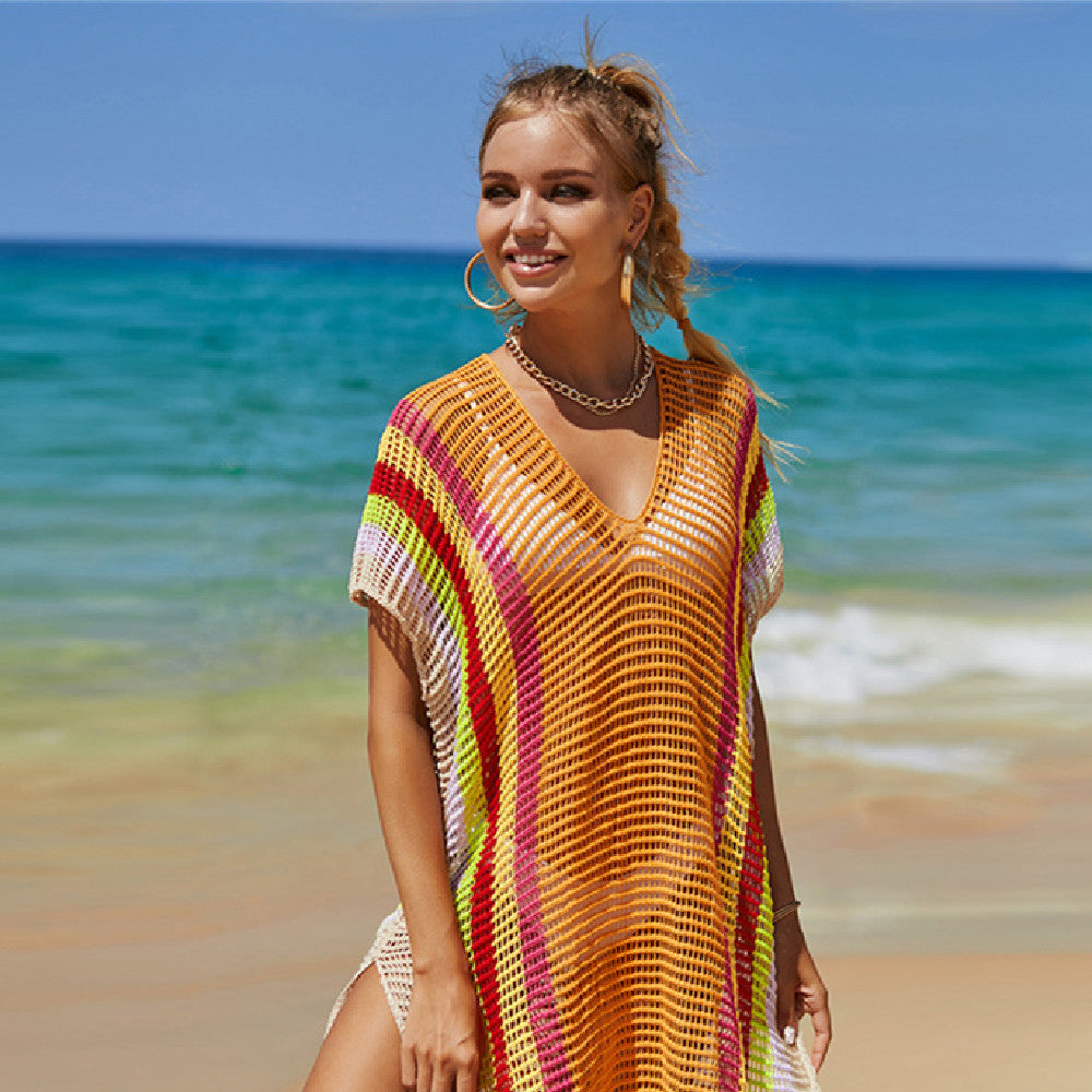 Rainbow Stripe Cotton Bikini Cover Up - Beach Mesh Knit Tunic