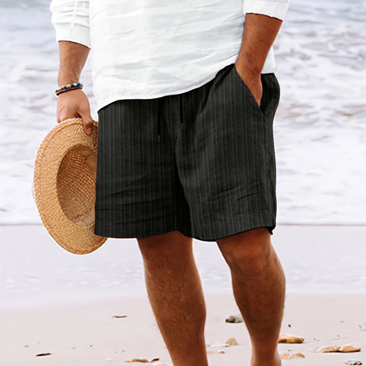 White stripe print summer shorts in breathable bamboo-cotton with drawstring waist by My Store