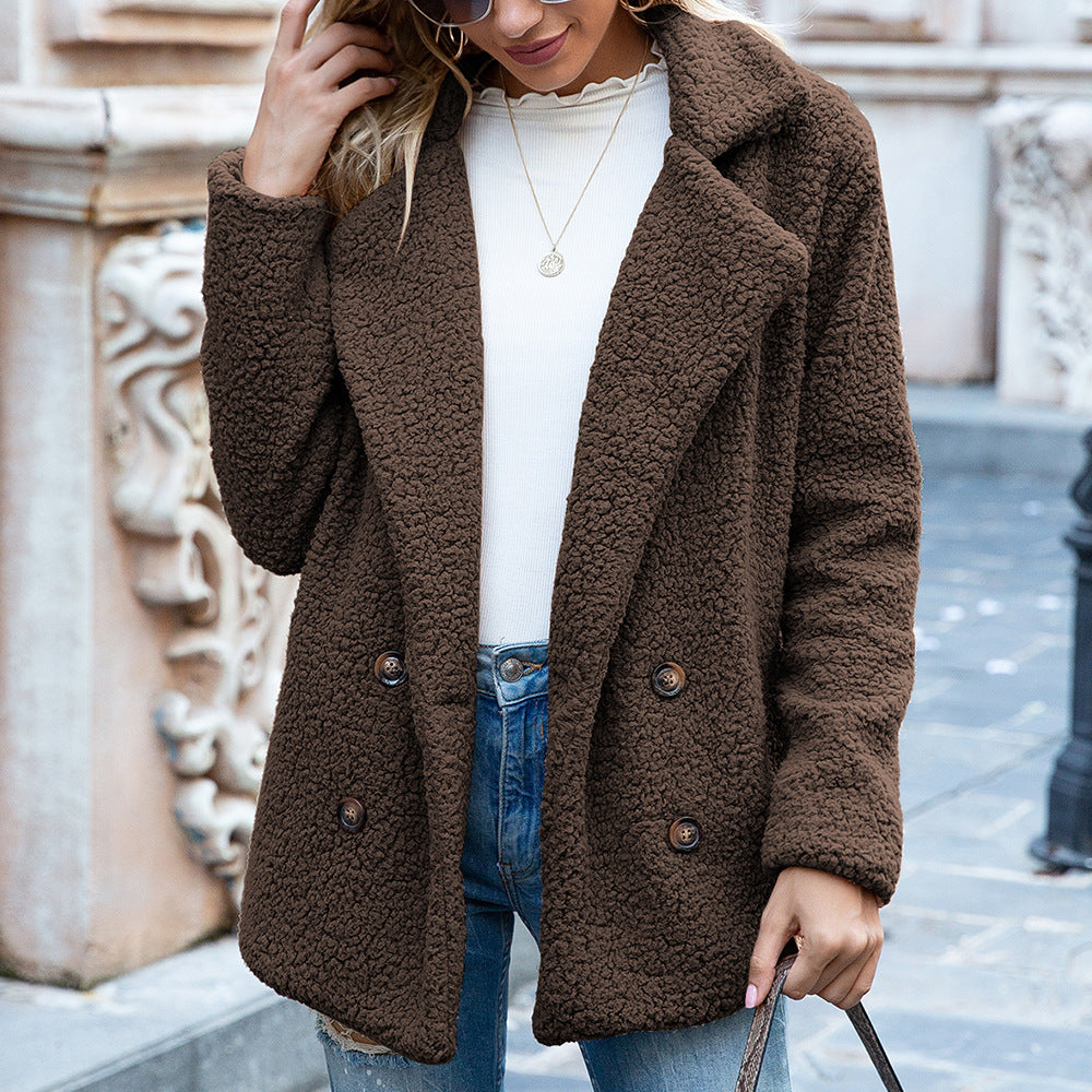 Fluffy Sherpa Button Jacket - Lapel Collar Cardigan Coat