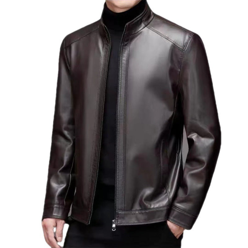 Men's black genuine horse leather stand collar jacket by My Store, featuring a sleek design and extra lining.