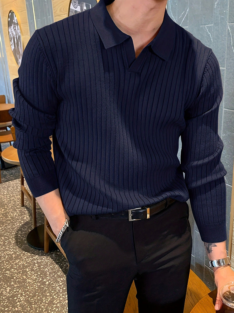 Textured Long Sleeve Polo Shirt - Slim Fit Ribbed Knit Polyester