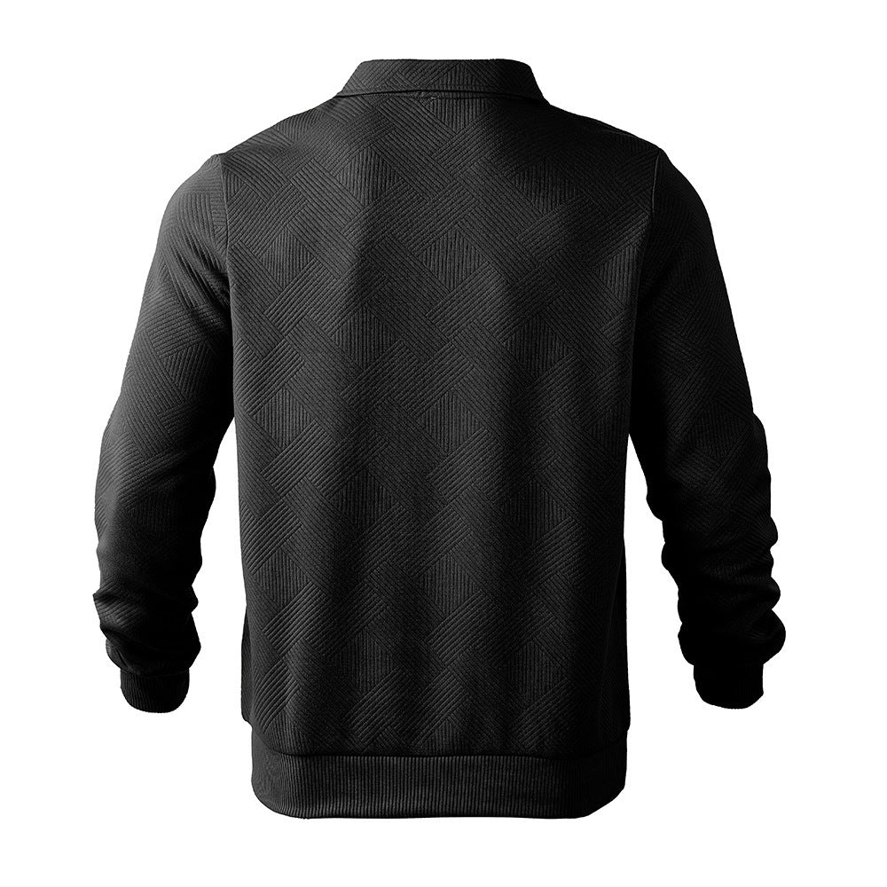 Textured black jacquard half-zip polo sweatshirt by My Store, featuring long sleeves and casual style.