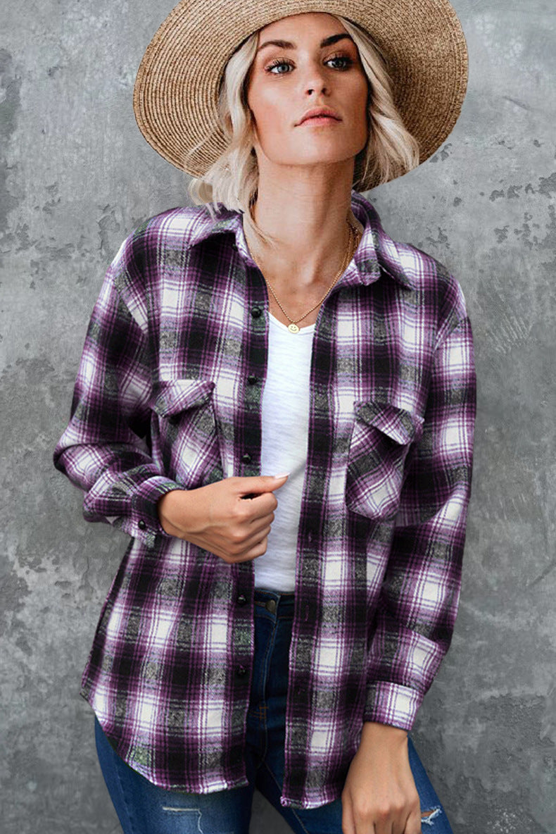 Oversized Plaid Shirt Jacket - Mid-Length Button Up Polyester Blend