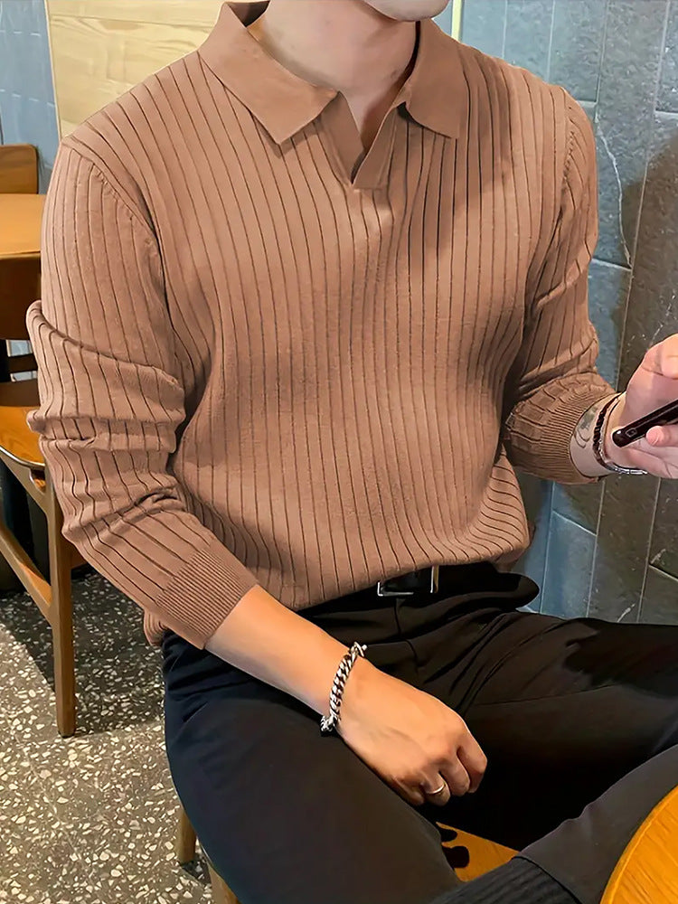 Dark green long sleeve slim fit ribbed knit polo by My Store, perfect for business casual or date night.
