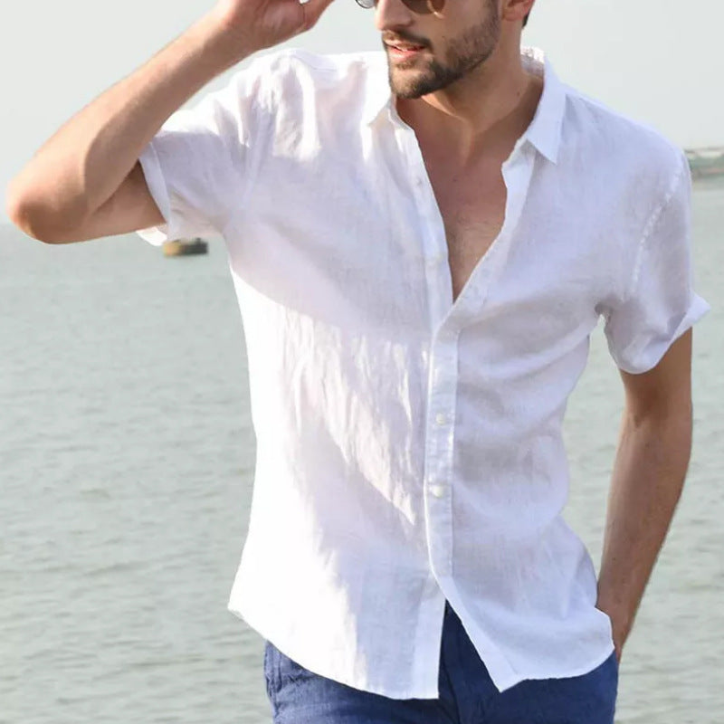 White short sleeve button-down shirt in lightweight, breathable fabric by My Store, perfect for summer casual wear.
