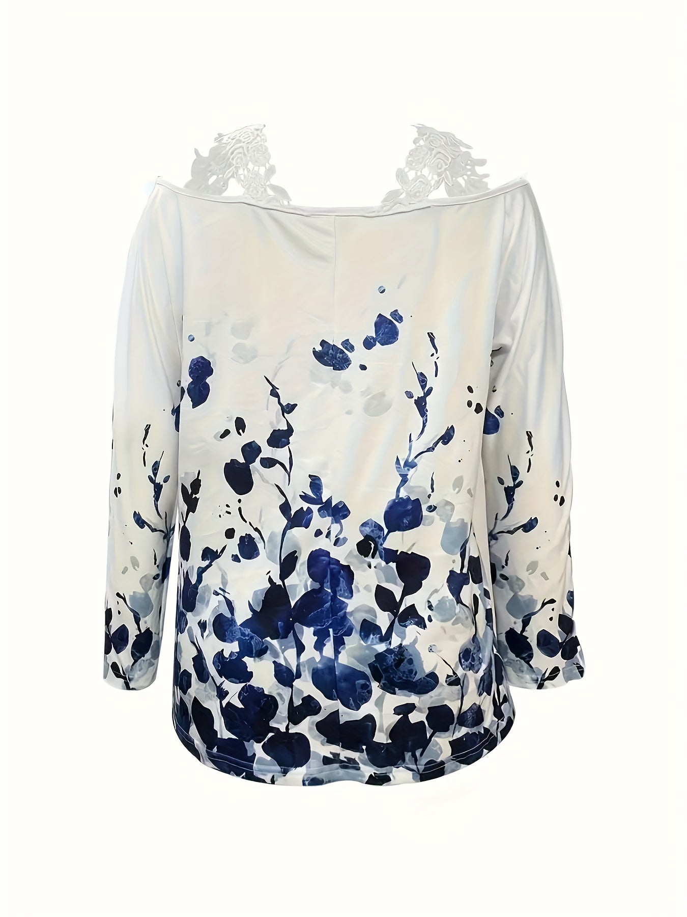 Navy and white watercolor floral off-shoulder lace top with long sleeves by Alabaster, made from breathable fabric.